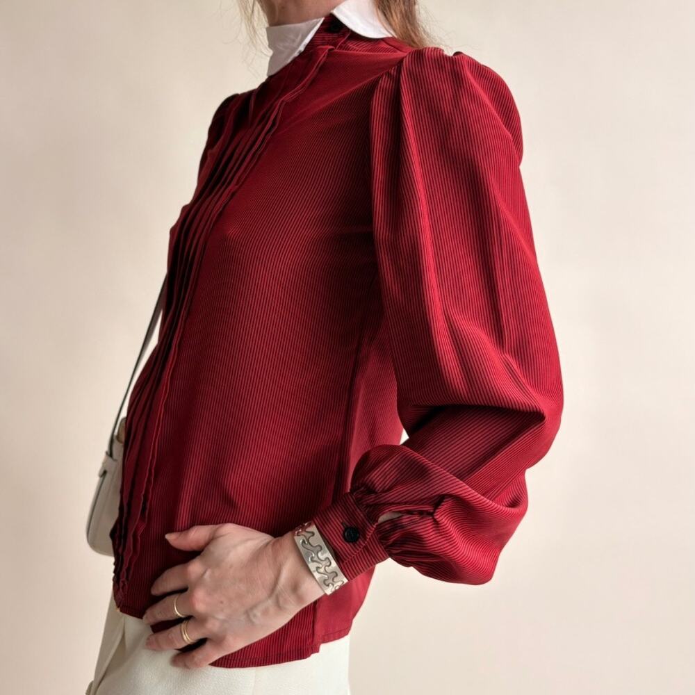 Albert Nipon Claret Pintuck Blouse - Peter Pan Collar, Puff Sleeves, Size 4 - Picture 3 of 7